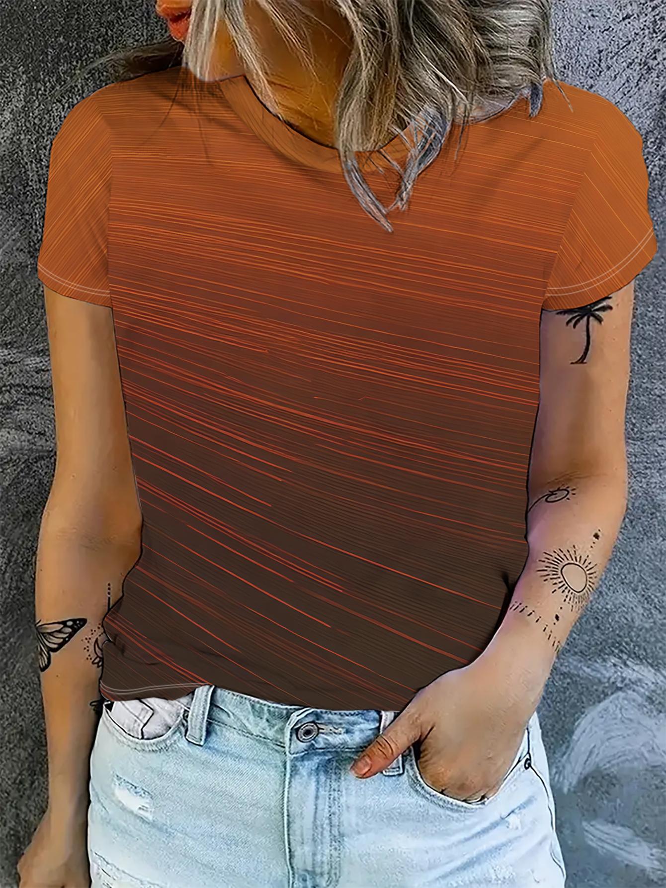 

Women Short-Sleeve T-Shirt. Orange-Brown Gradient with Red Stripes. Easy And Stylish S дубильна кора
