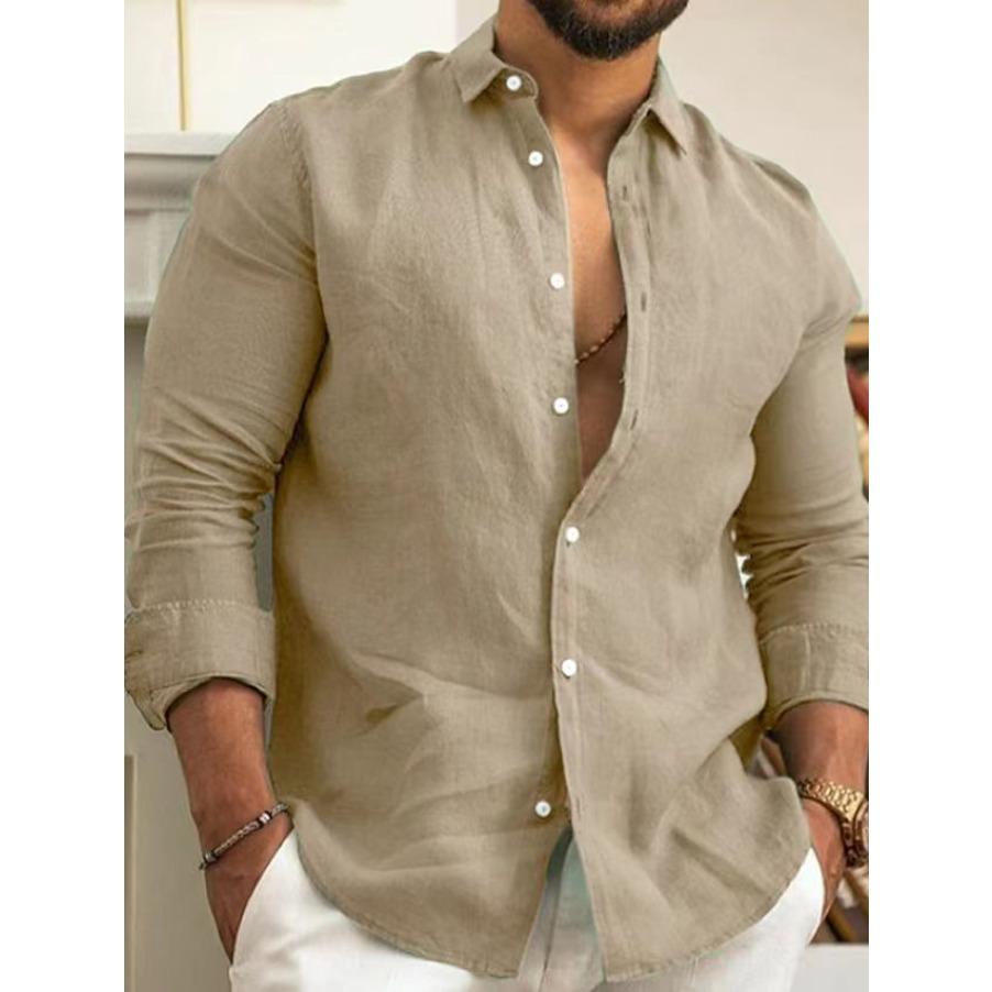 Camicia da Uomo a Maniche Lunghe Primavera Autunno Moda Colore Unico Collo a Revers Tasca Bottoni Top
