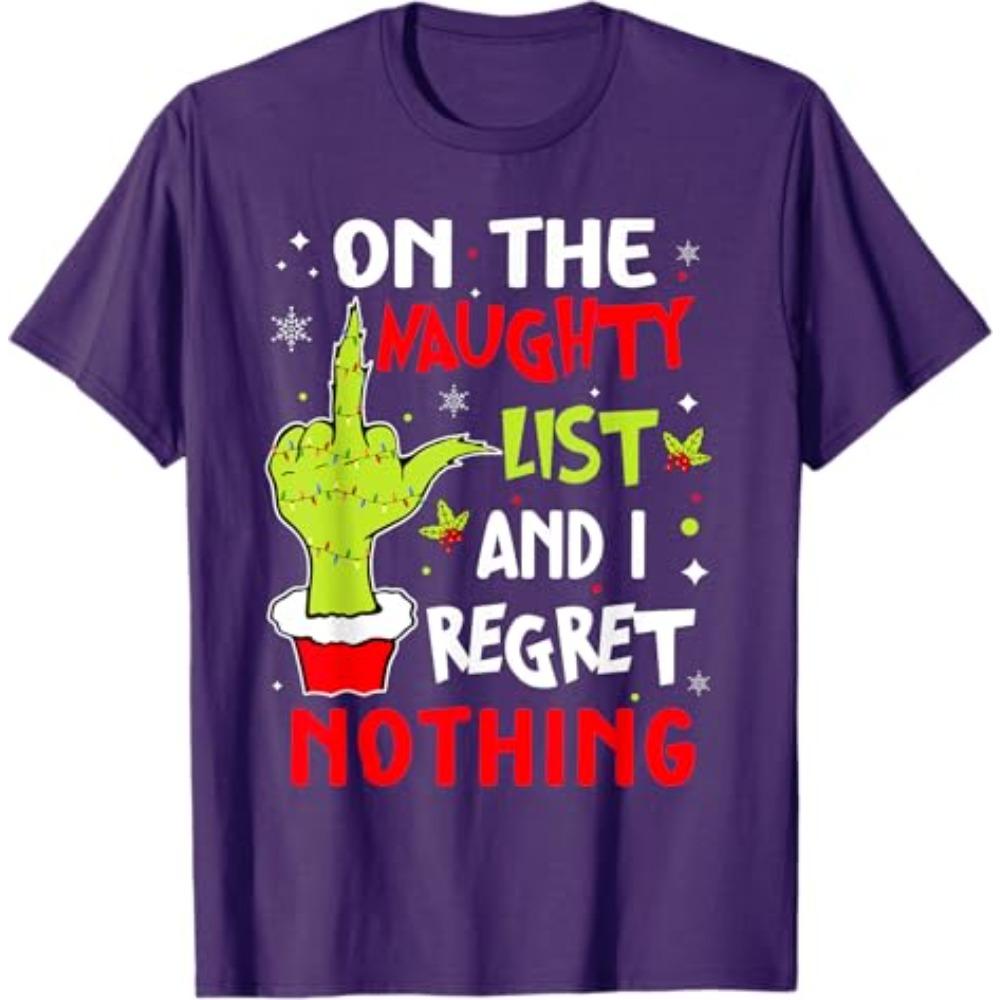 Funny On The List of Naughty and I Regret Nothing Christmas T-Shirt Humorous Santa Claus Xmas Costume Letters Printed Saying Tee