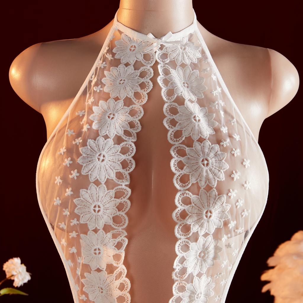 Sexy Lingerie Hot Woman Embroidered Daisy Underwear Erotic Costume Lace Open Crotch Babydoll Porn Transparent Sexiest Bodysuit