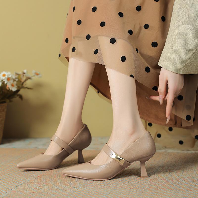 Thin Heel Shallow Mouth Single Shoes Women's 2025 Spring and Autumn New French Temperament Versatile One-word Buckle High Heels Are Not Tired