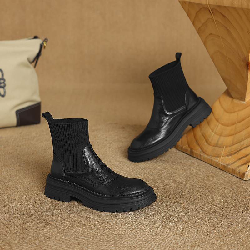 Krazing Pot Sheepskin Winter Round Toe Chunky Heels Fashion Motorcycle Boots Women Slip on Kniting Platform Ankle Boots