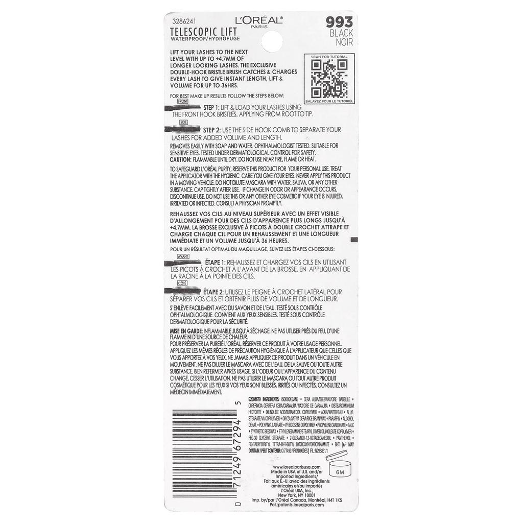 L'Oréal, Telescopic Lift, Waterproof Mascara, 993 Black, 10Ml(0.33Fl Oz)