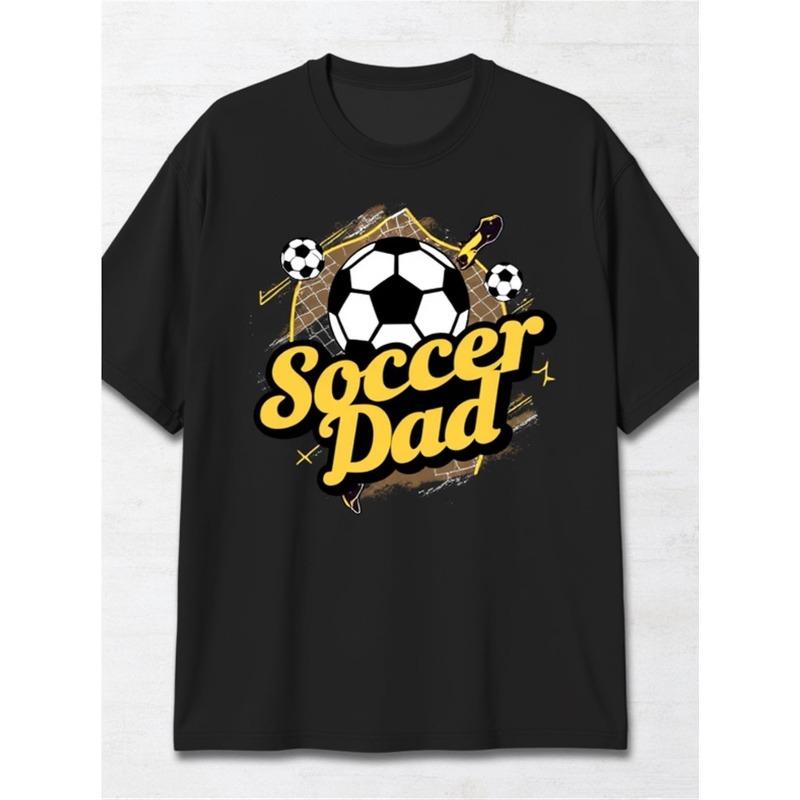 

European sizes Men S Soccer Dad Graphic T-Shirt | Black with Yellow Soccer Balls, Cleats, Goal Net Design - Lightweight Breathable Fabric 2XL