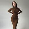 Figurbetontes Kleid für Damen Mock-Neck Langarm Midi-Kleid Gerafft Slim Fit Party Cocktail Formelles Kleid Herbst Hochzeitsgastkleid