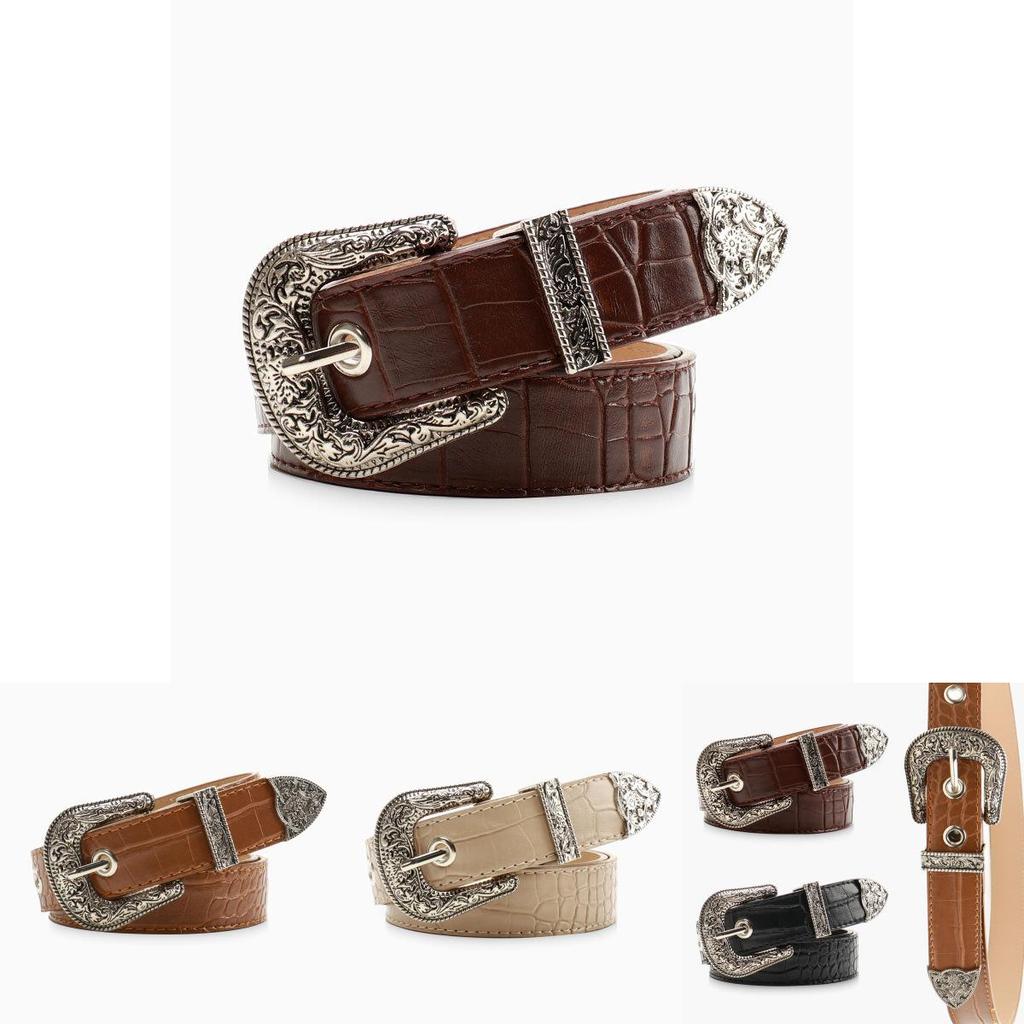 Womens Retro Alloy Belt Set With Embossed Buckle For Casual And Office Wear