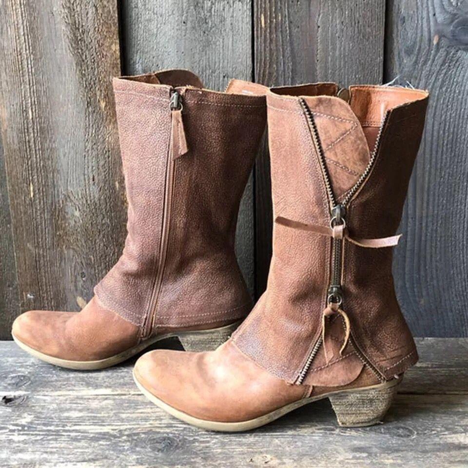 Autumn and Winter Large Size Thick Heel Women's Leather Boots Side Zipper Martin Boots Women's New British Style Medium Heel Boots