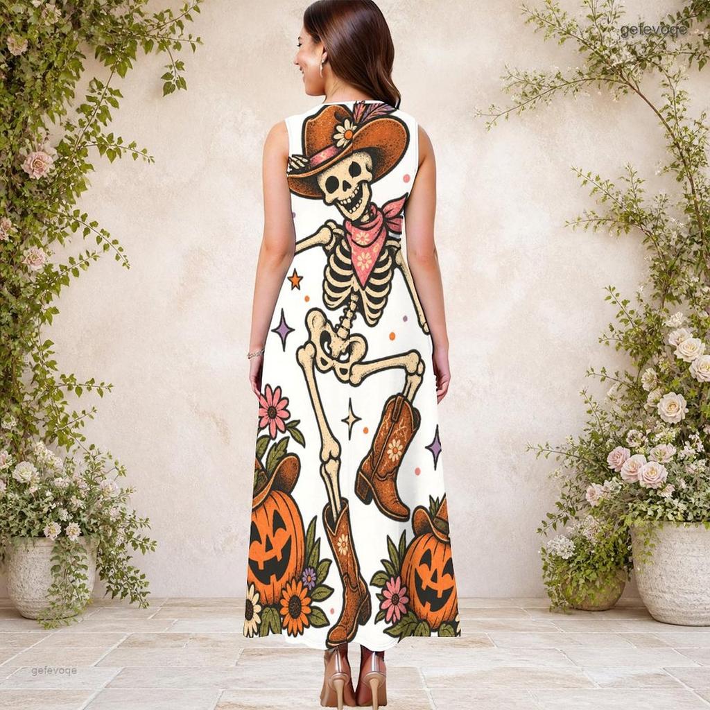Women Plus Size Sleeveless Keyhole Neck A Line Long Dress Halloween Raccoon Pumpkin Print