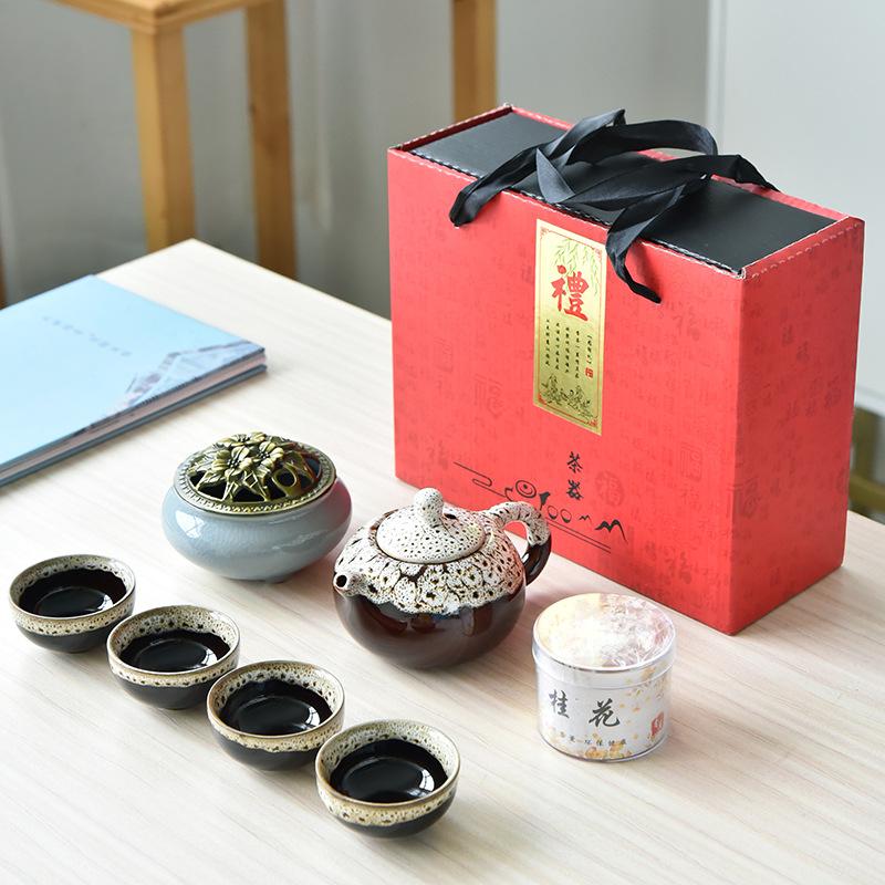 

Guochao Ge Kiln Kung Fu Tea Set Gift Box Set Creative Ceramic One Pot Four Cups Light Luxury Gifts with Incense Burner