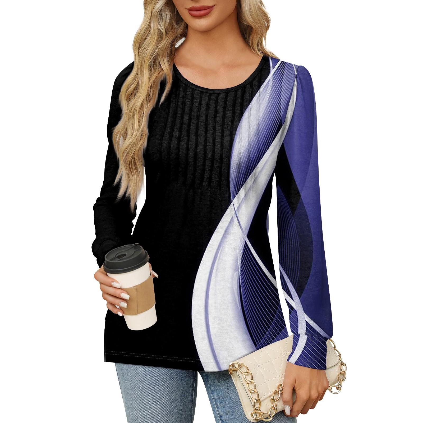 Женская повседневная плиссированная футболка с круглым вырезом и длинными рукавами — фото 10