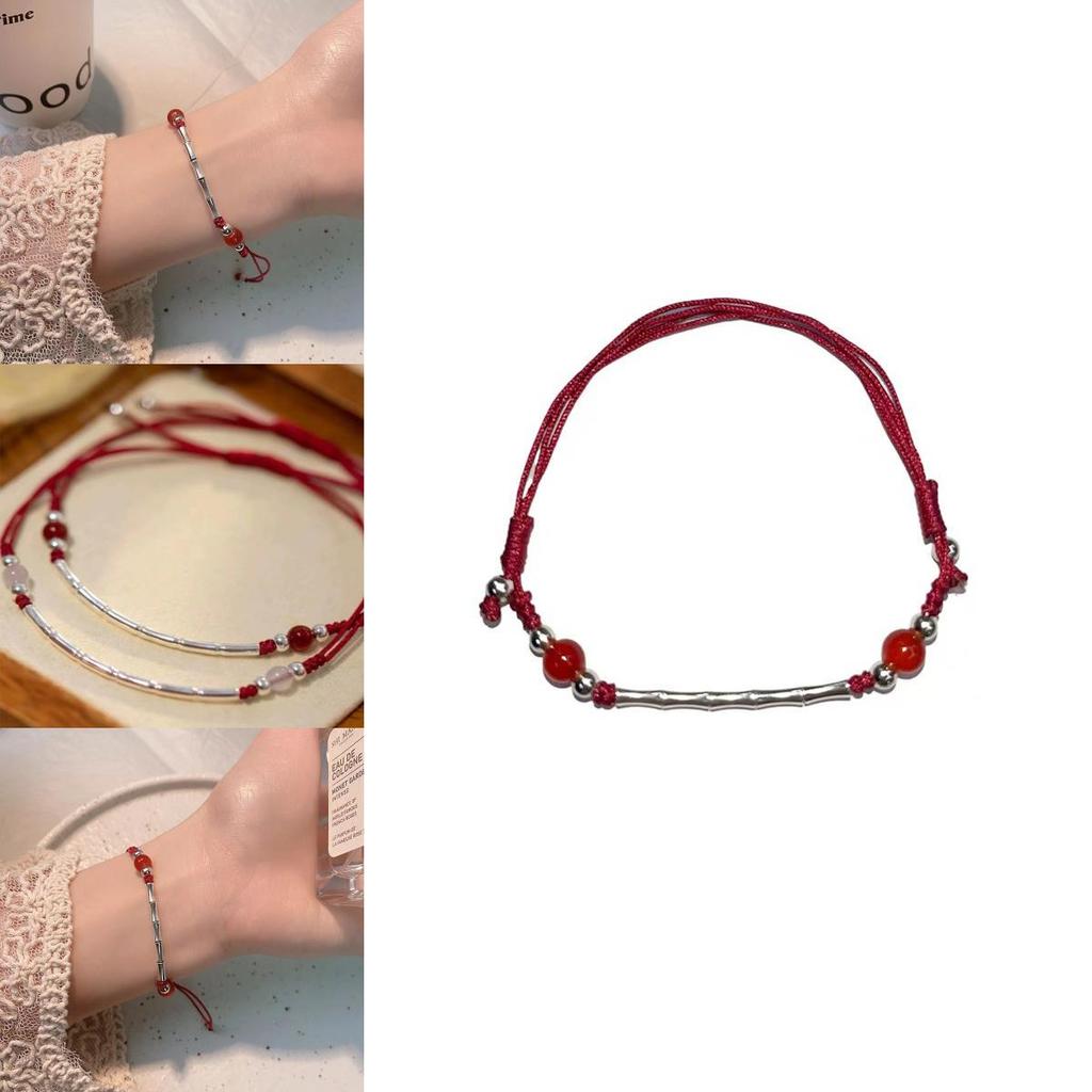 Elegantes handgefertigtes rotes Seilarmband für Damen mit Bambus-Anhänger im chinesischen Stil