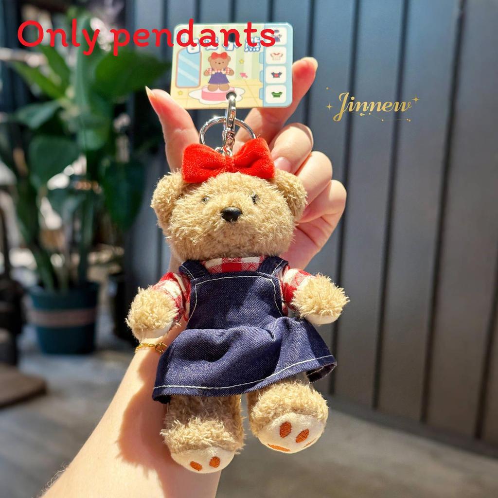Cuter Bear Plush Keyring With Denim Overalls And Dress Decor For Kids And Teens
