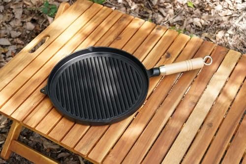 Ikenaga Iron Works Grill Pan with Wooden Handle, Induction and Gas Compatible, 26cm