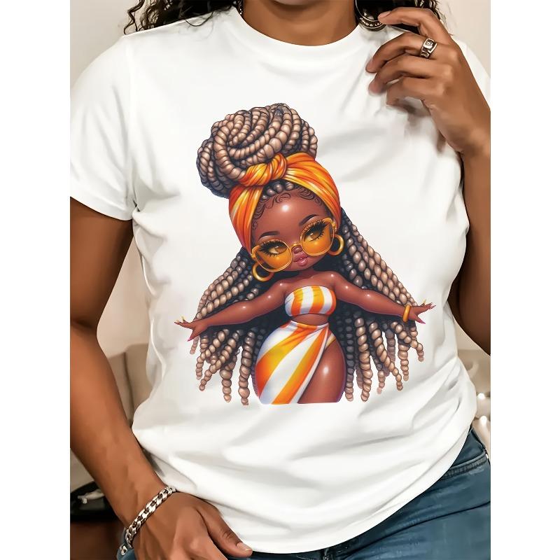 European Size Women'S White Casual Short Sleeve Round Neck T-Shirt with Black & Orange Geometric Print - Durable Everyday Comfort Fit