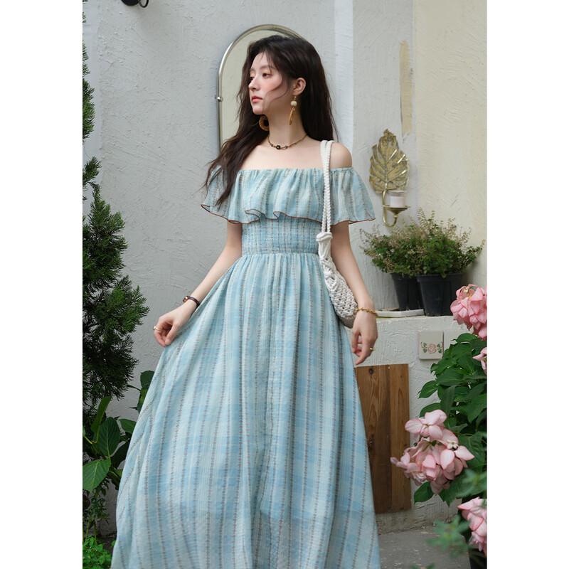 Mishow 2025 Summer French Holiday Off-Shoulder Smocked Blue Stripe Dress S