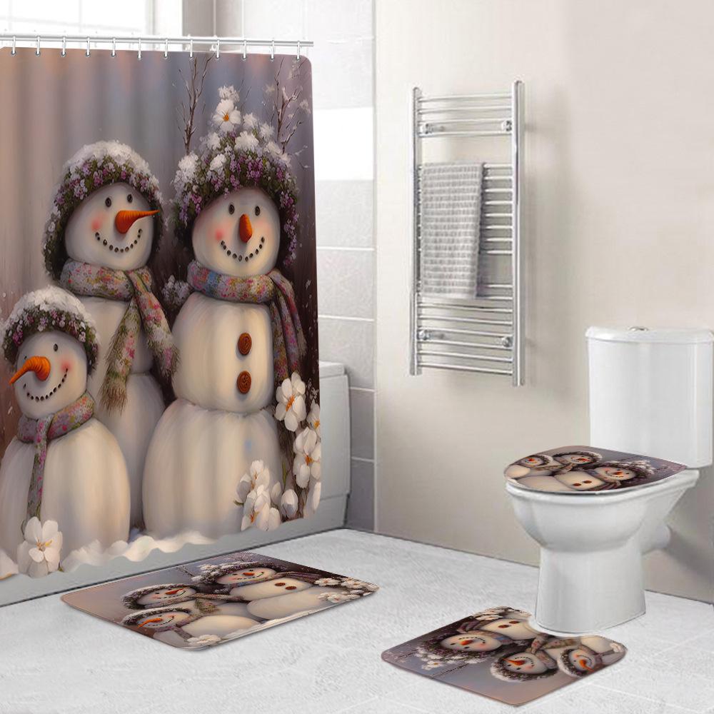 Christmas Toilet Cover Shower Curtain Floor Mat Set Santa Carpet Door Mat Foot Mat Non-Slip Mat