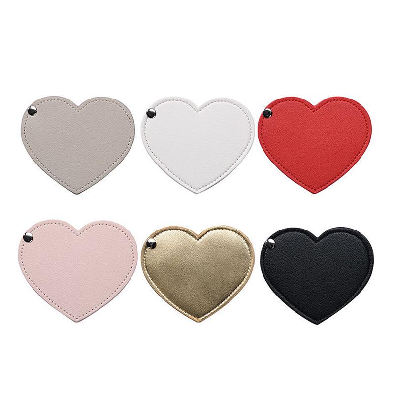 1pc Mini Heart Shaped Makeup Mirror Stainless Steel Portable PU Cover Rotary Cosmetic Mirrors Pocket Mirror Beauty Accessories