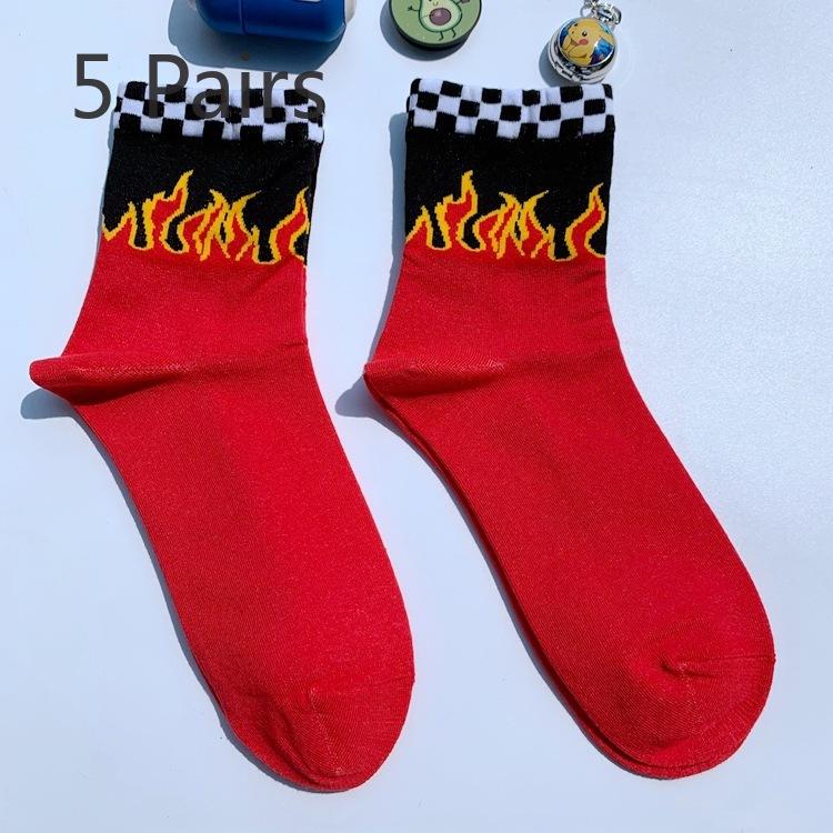

5 пар мужских и женских коротких носков, осенние и зимние модели, носки Tide, носки до середины голени с принтом «Пламя и сетка», хлопковые носки для уличного спорта 5 pairs красный