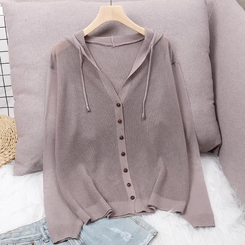 Summer Ice Silk Knitted Open Cardigan Women's Hooded Top Thin Hollow Short Sun Protection Outerwear Korean Style