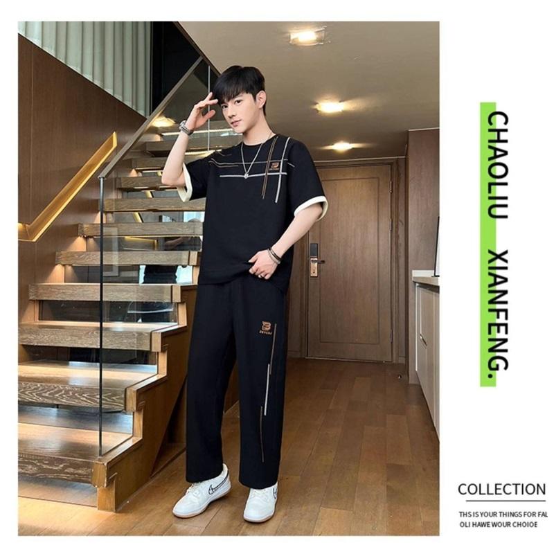 Men's 2-in-1 Summer Tracksuit Ice Silk Short Sleeve Tee Straight Pants Casual Streetwear Outfit