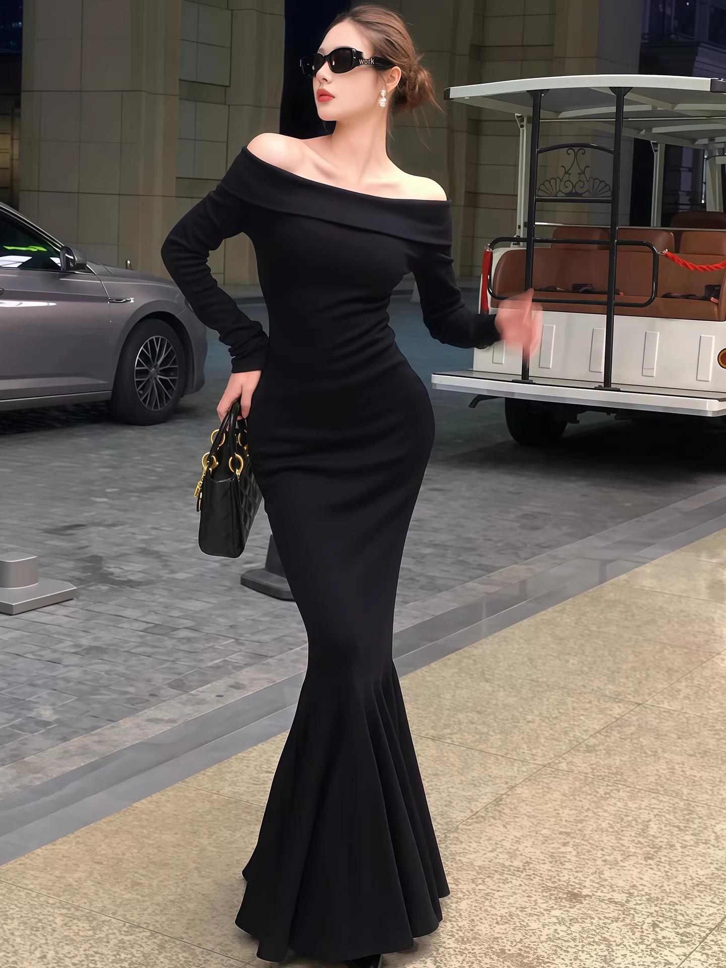 Spring & Autumn American-Style Slim One-Shoulder Sexy Formal Dress with Asymmetrical Hem S чёрный