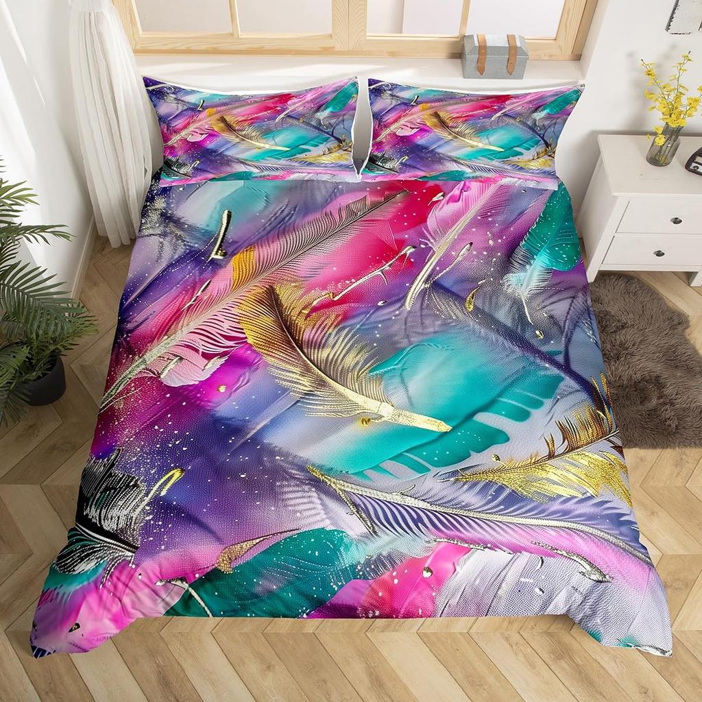 Peacock Feather Print Duvet Cover Set Queen Twin Bird Feathers Element Bedding Set Wild Animals Comforter Cover for Girls Teens