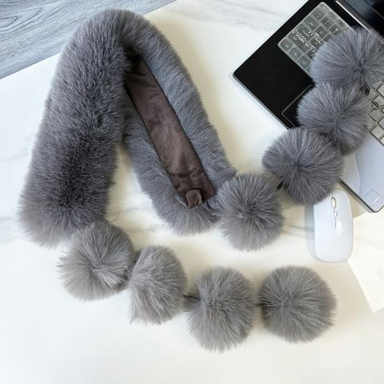 Women Scarf Solid Color Soft Imitation Fox Fur Shawl with Plush Balls