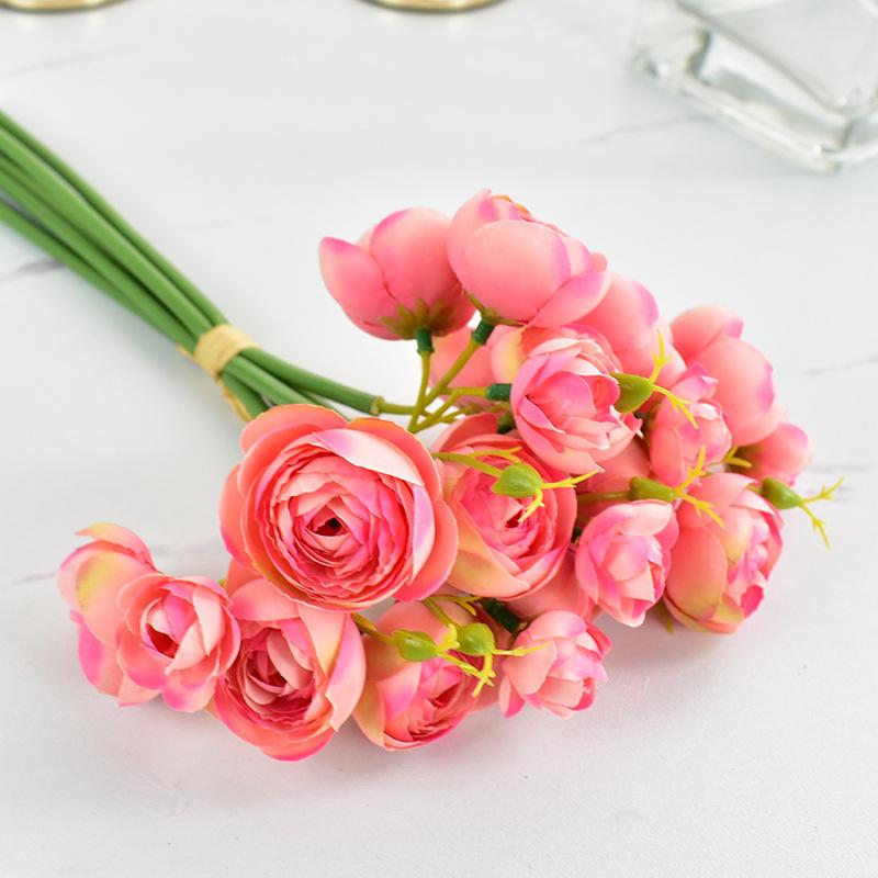 Small Tea Rose Lotus Bunch Fake Flower Simulation Artificial Camellia Hand Bouquet Decorative Ornament Wedding Photo Props