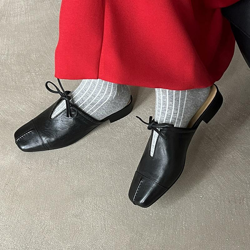 Fashion New Summer Women Mules Genuine Leather Shoes for Women Square Toe Chunky Heel Modern Sandals Cover Toe Lace-up Women Slippers