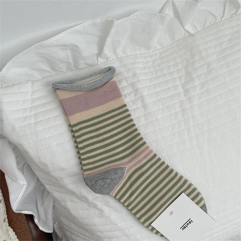 Boneless Rolled-up Socks, Women's Color-blocking Striped Mid-calf Socks, Spring and Autumn Casual and Versatile Long Calf Pile Socks