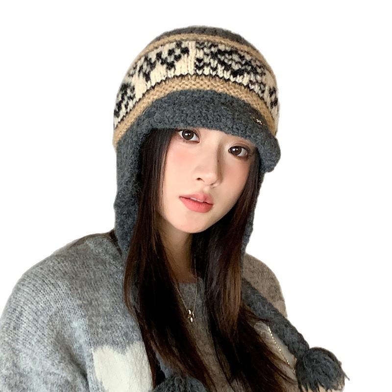 Women's Hat Style Ethnic Style Plus Velvet Knitted Wool Hat Korean Style Fashionable Versatile Ear Protection and Warm Lei Feng Hat