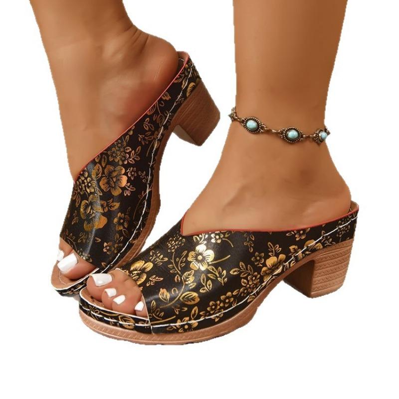 Women's Chunky Heel Peep Toe Sandals, Printed Platform Summer Slides, Plus Size Fashion Open Toe Shoes