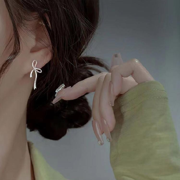 Silver Color Bowknot Drop Earrings for Women Girls Korean Hollow Bow Ear Studs