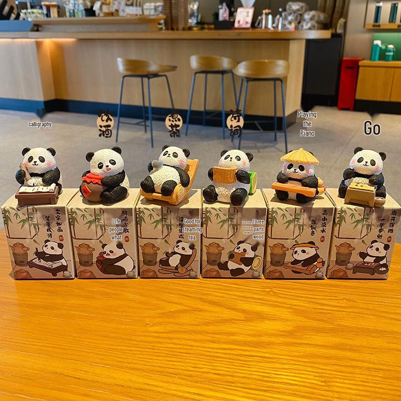 Eight Elegant Panda Car Ornament - Cute Resin Figurine for Desktop Decoration