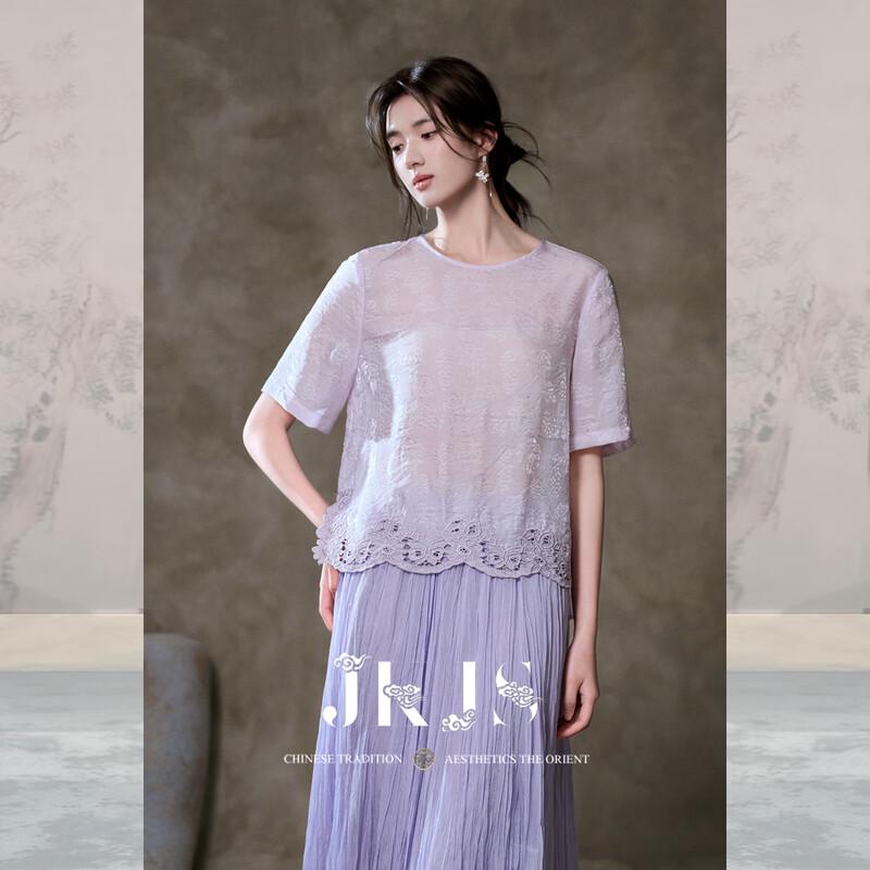 JK&JS New Chinese Style Floral Lace Embroidered T-Shirt S