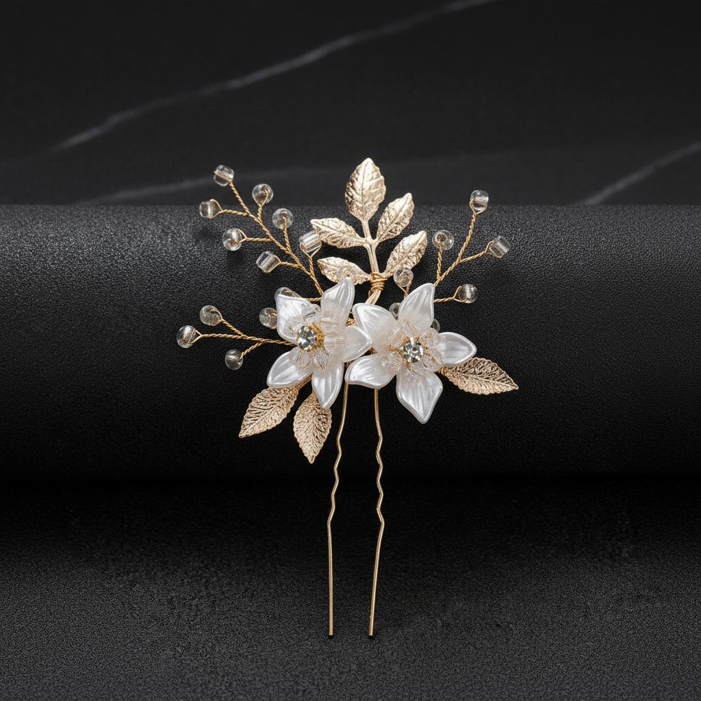 Bridal Wedding Hairpin White Flower Leaf Design Crystal U Pin For Elegant Hairstyles