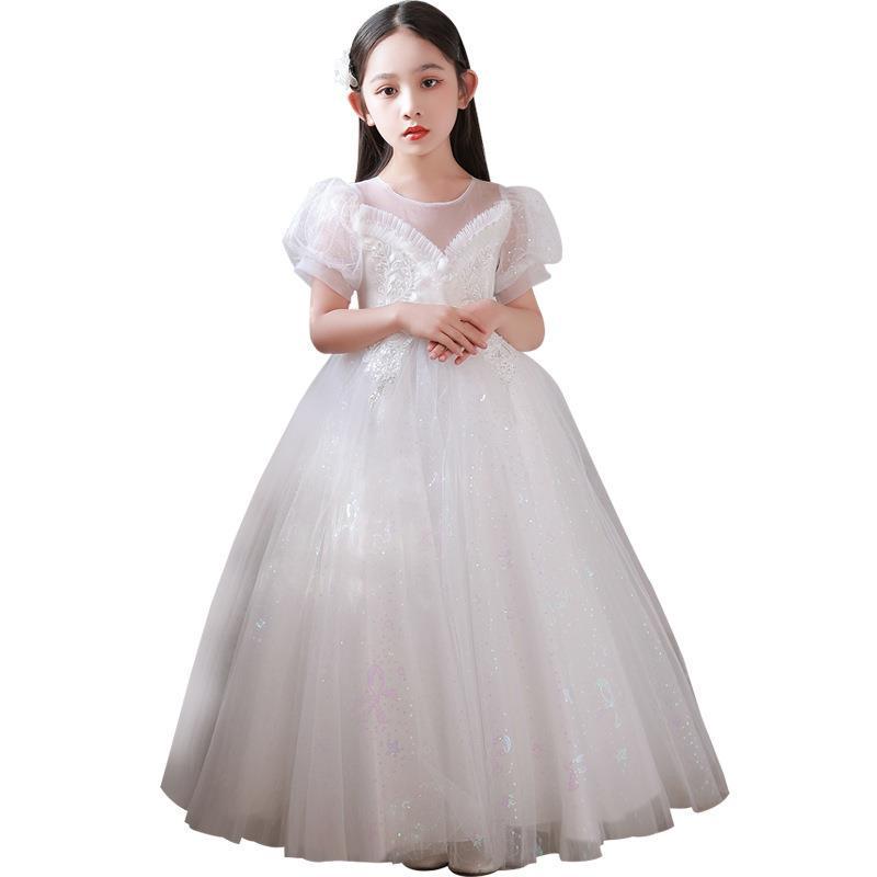 Girls' Fluffy Mesh Princess Skirt - Children's Long Wedding and Piano Performance Dress