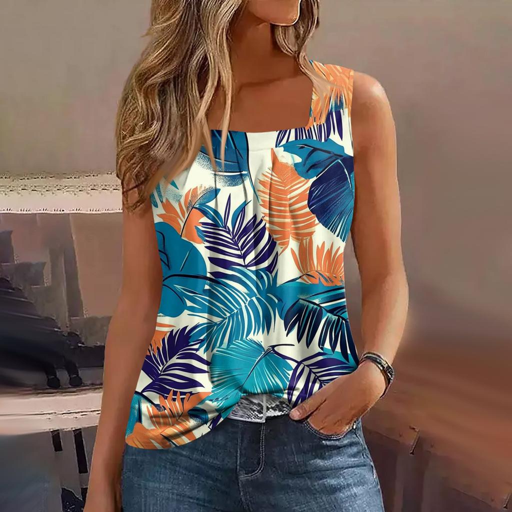 Women's Summer Casual Pleated Square Neck Sleeveless Tank Top Printed T-Shirt