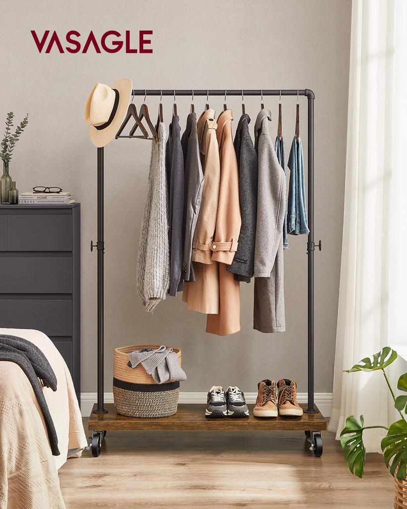 VASAGLE Clothes Rack, Heavy Duty Clothing Rack, Industrial Pipe Style Rolling Garment Rack with Shelf, for Bedroom