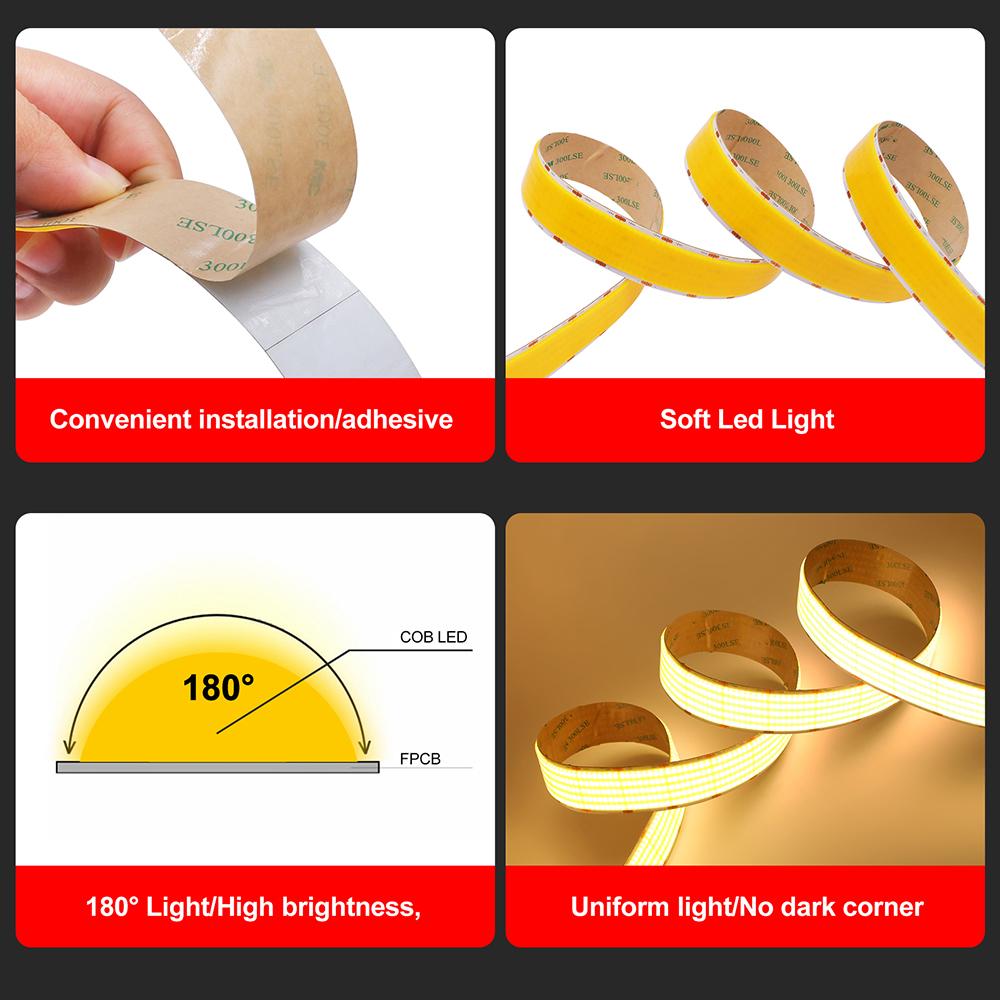12V 24V 1 2 5 Rows COB LED Strip Light Super Bright 320 600 1600 LEDs Flexible Tape 3000K 4000K 6000K High Density Linear Lamp