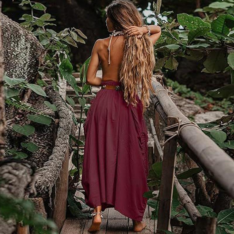 Women's Casual Half Skirt 2024 Drawstring Large Pockets Boho Loose Organic Cotton Long Skirt