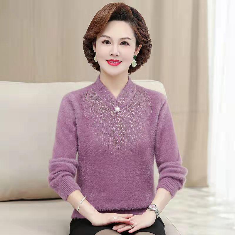 

Осінньо-зимовий маминий одяг Светр Середнього віку Жіночий теплий верх Нижня сорочка для середнього та літнього віку One Size фіолетовий