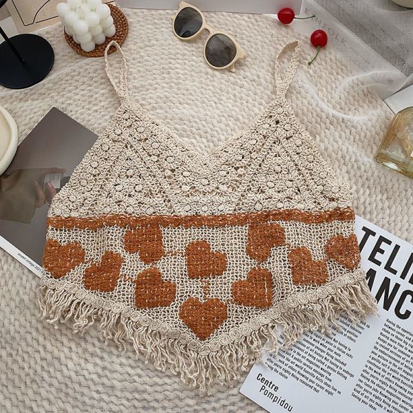 

Женская майка с V-образным вырезом, ажурная вязаная крючком, с сердечком, неровными кисточками, кроп-топ