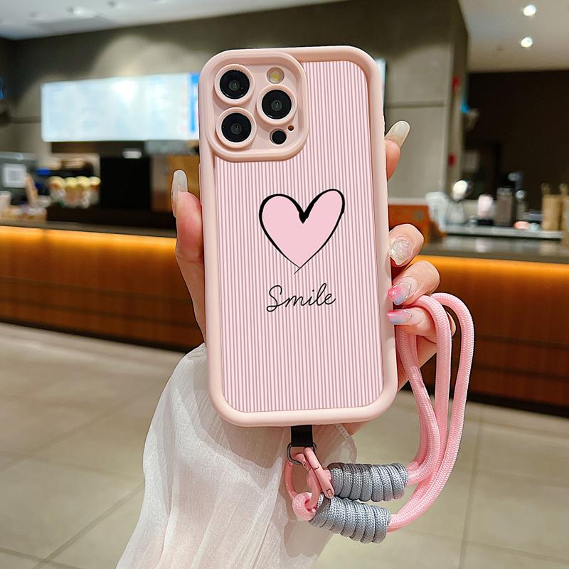 Fashion Smile Pink Love Heart Soft Lanyard Rope Phone Case For iPhone 15 14 13 12 11 16 Pro Max X XS XR 7 Plus Shockproof Cover