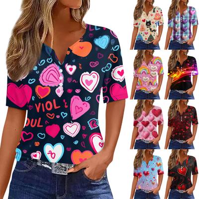 T-shirt pour femme T-shirt Imprimé Saint-Valentin Bouton Manches Courtes Tunique Mode Quotidienne Week-end Basique Col en V Coupe Régulière