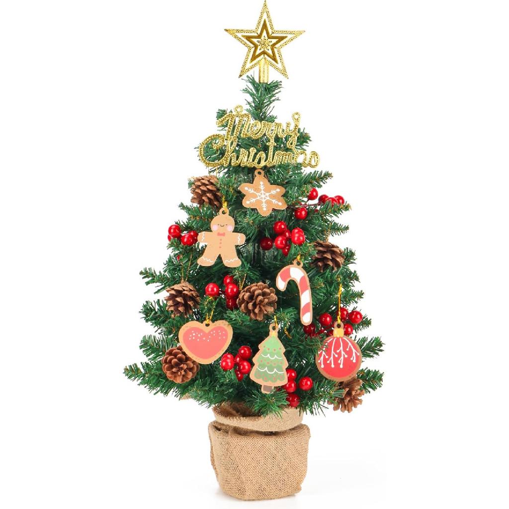 Artificial Mini Christmas Tree, 22Inch Tabletop Christmas Trees 65 Branch Tips Small XmasTrees with Ornaments for Indoor Desktop