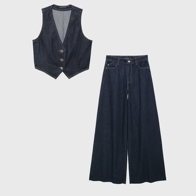 European & American Style Women's Slim Denim Vest and Wide-Leg Pants Set