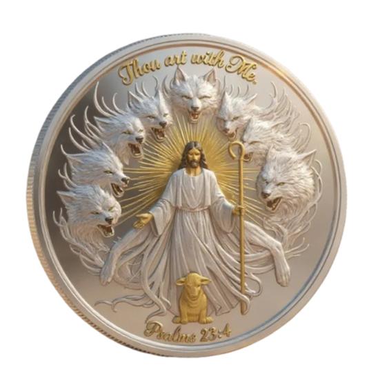 

Thou Art with Me Faith Commemorative Coin Jesus The Good Shepherd Protecting Lamb from Wolves Pocket Token Psalm 23:4 Faith Challenge Coin Religious 1pc