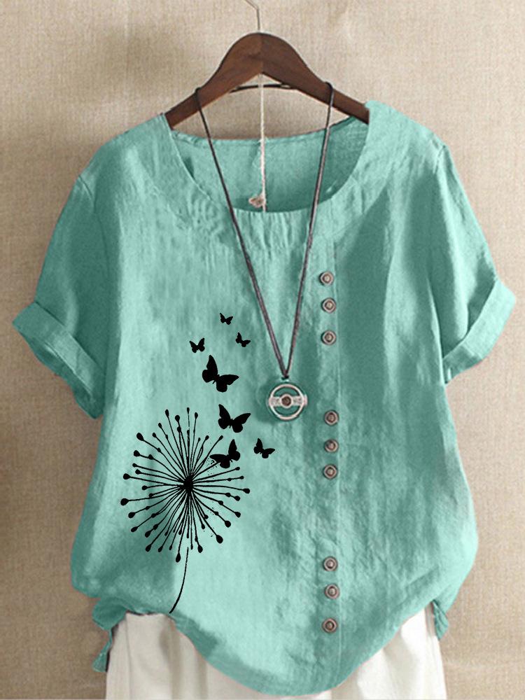 Large casual loose butterfly print short sleeved pullover T-shirt retro cotton and linen women's clothing