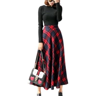 Belle Cie Check Korean Long Skirt, Long, Flared, Warm, Style, Skirt, Fluffy, Fall/Winter (ST/No. 27540) (XL, Red)